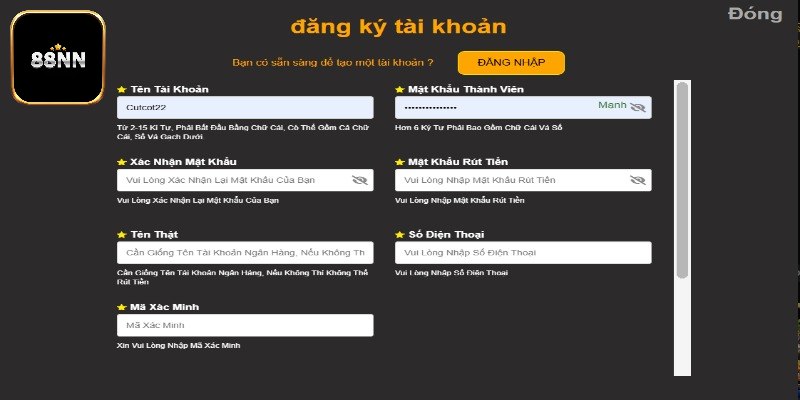 Biểu mẫu đăng ký hội viên nhà cái