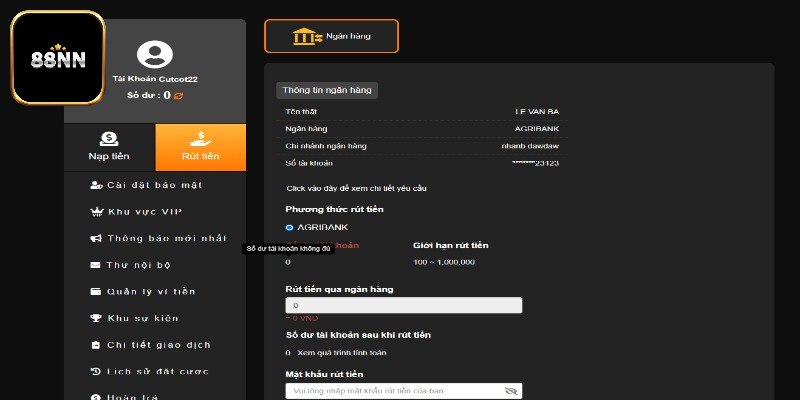 Cung cấp thông tin theo hướng dẫn rút tiền 88nn